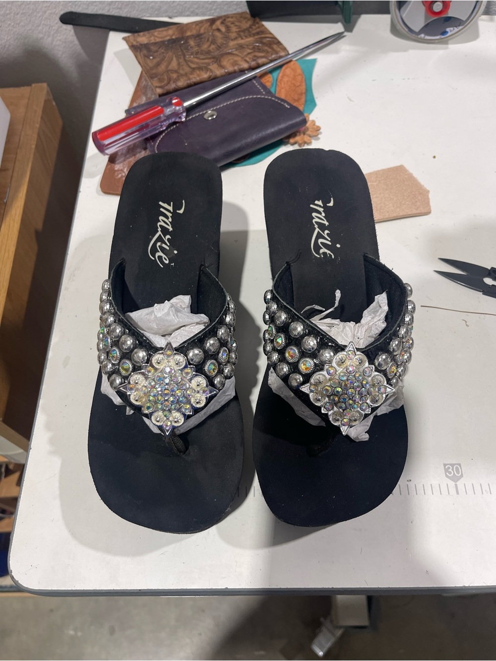 Grazie Black Wedge Flip Flops with Iridescent Rhinestone Accents